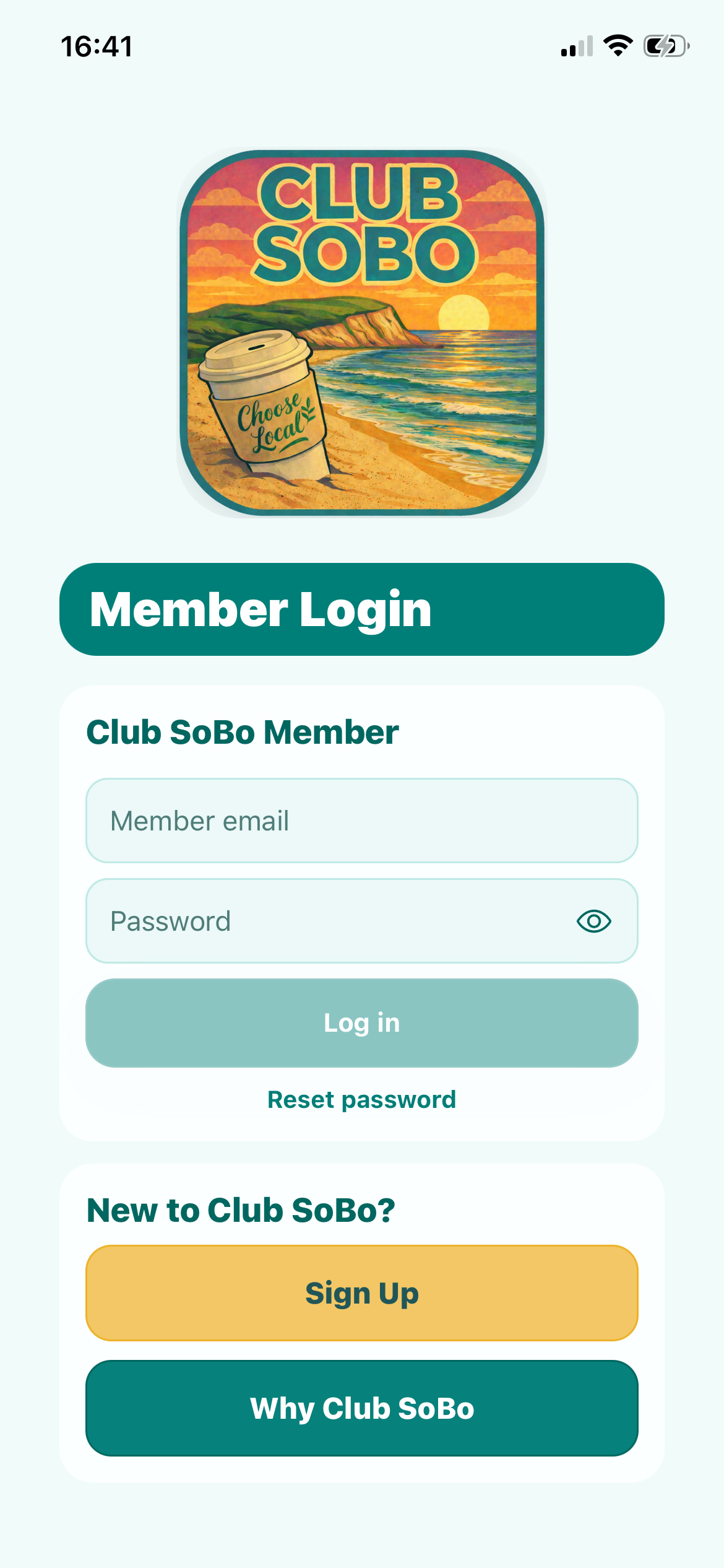 Club SOBO login screen