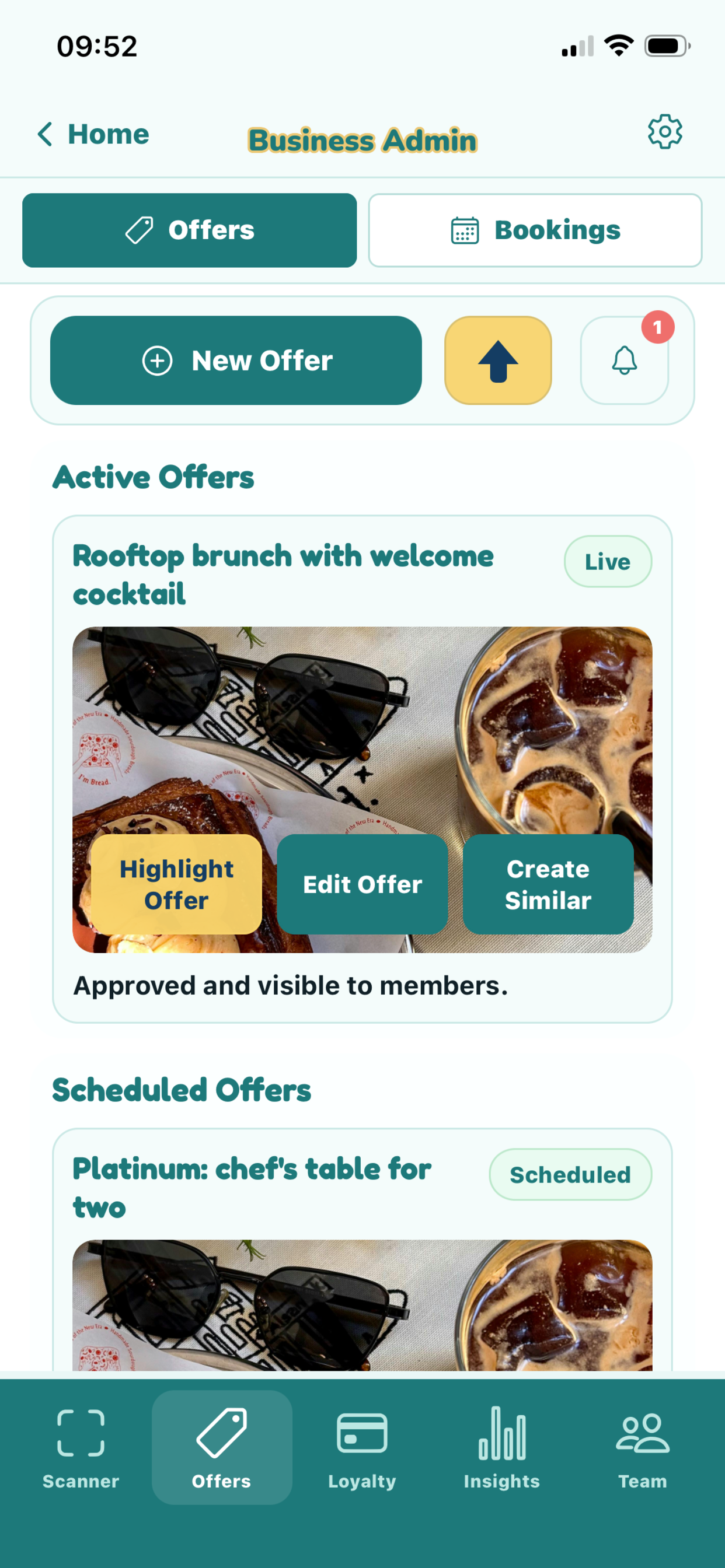 Example Club SOBO business offer screen