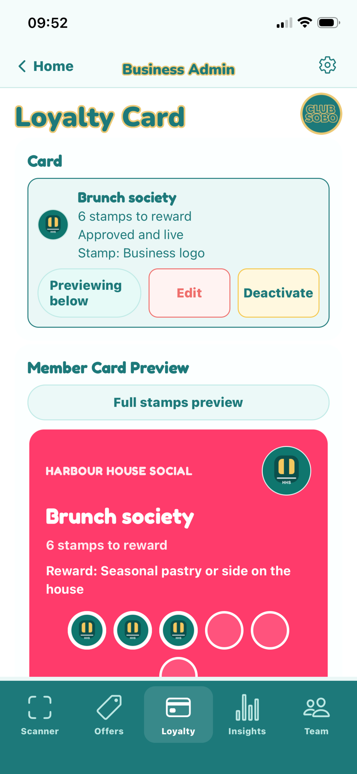 Example Club SOBO business loyalty card screen